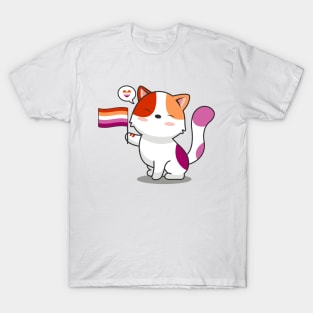 Cute Cat Holding Lesbian Pride Flag T-Shirt